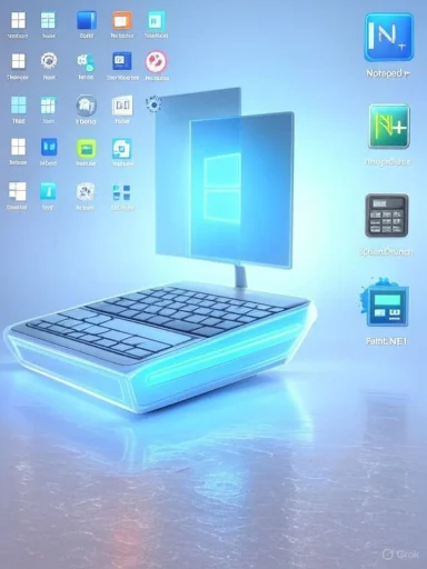 A futuristic glowing laptop with a large monitor displaying a Windows desktop.