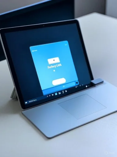 A tablet in laptop mode on a silver keyboard dock, displaying a blue app screen.