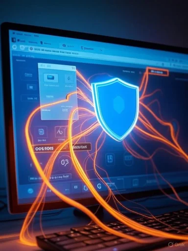Laptop screen shows a blue shield icon with glowing orange network lines.
