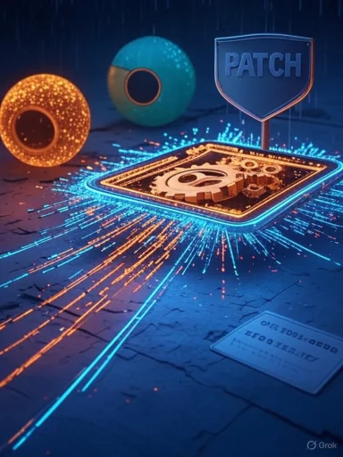 A glowing microchip spews neon blue sparks beneath a PATCH shield in a sci‑fi scene.