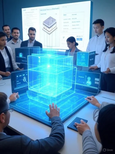 A diverse team gathers around a glowing blue holographic 3D blueprint in a high-tech meeting.