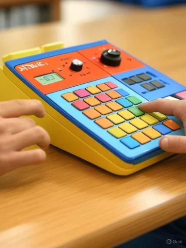 Children press colorful square keys on a bright toy keyboard with knobs.