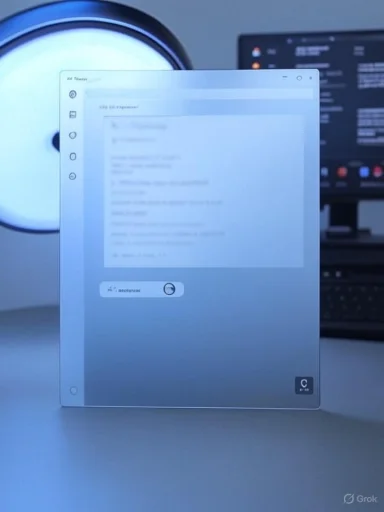 A transparent tablet sits on a desk, with a glowing circular light in the background. A transparent tablet sits on a desk, with a glowing circular light in the background.