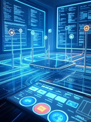 Futuristic data lab with holographic screens and a central glowing device.