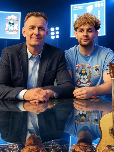 Two men sit at a glossy table in a blue-lit studio, one in a suit and the other in a graphic tee.