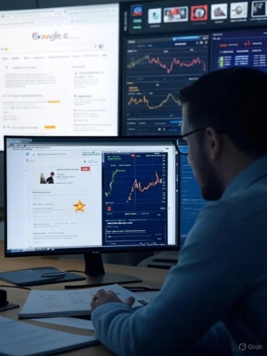 A man analyzes stock charts on multiple computer monitors.