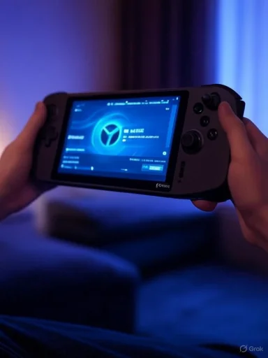Hands hold a handheld gaming console displaying a neon blue UI in a dark room.