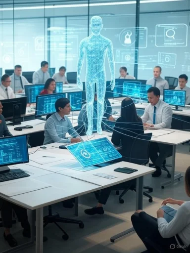 A holographic humanoid figure hovers over a modern office as teams work at computer stations.