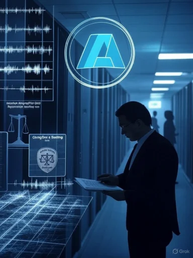 A man in a suit reviews data on holographic displays inside a futuristic data center.
