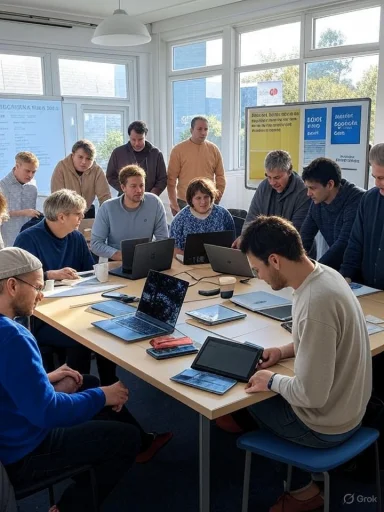 Group of adults in a bright classroom collaborating around laptops and tablets.