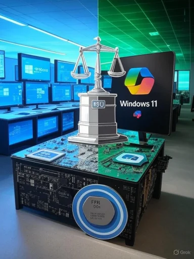 Tech lab scene featuring a scales of justice statue atop a circuit-board pedestal beside Windows 11 monitors.