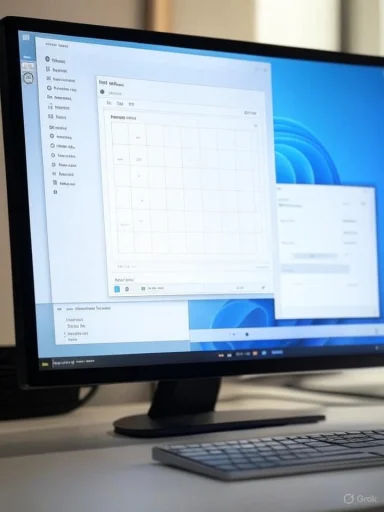A computer monitor on a desk displays multiple Windows 11 windows with a blue wallpaper.