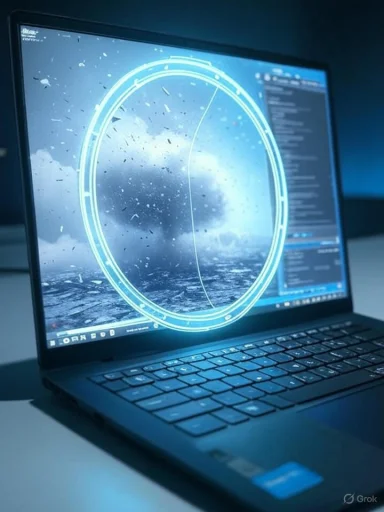A laptop screen shows a neon blue circular portal over a stormy sea.
