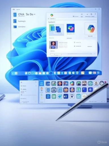 A Windows-style desktop with floating windows and a silver stylus pen.