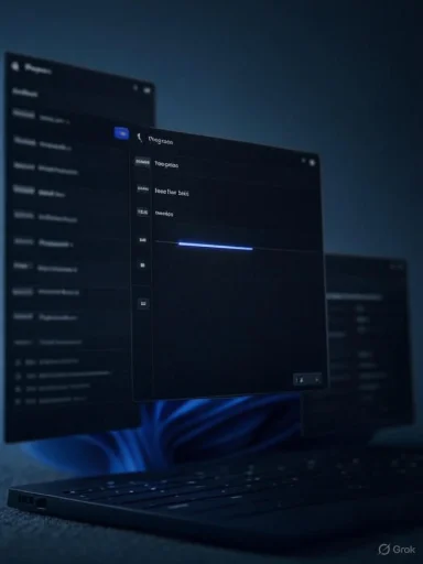 Dark laptop screen with several overlapping app windows and a progress bar. Dark laptop screen with several overlapping app windows and a progress bar.