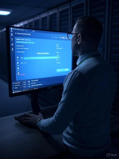 A man in a server room monitors a blue-lit computer screen.