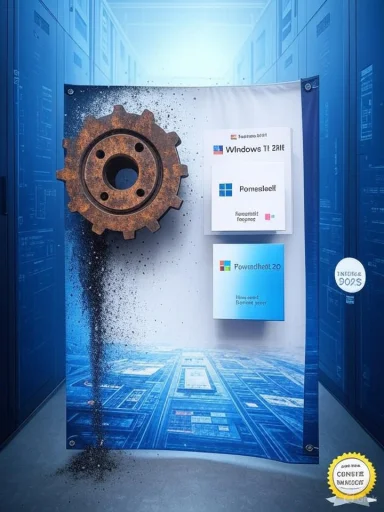 Rusty gear bursts dust against a Windows-themed tech banner in a blue data-center setting.