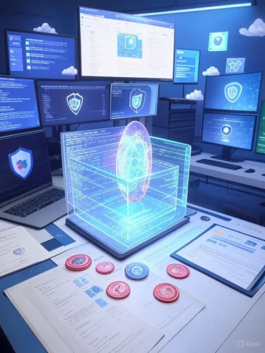 A futuristic cybersecurity lab featuring a holographic data cube and many monitors.
