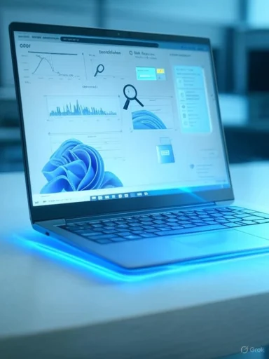 An open laptop displays analytics dashboards with a blue glow beneath.