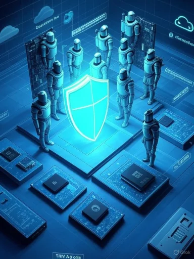 Robots stand guard around a glowing shield, symbolizing cybersecurity protection.