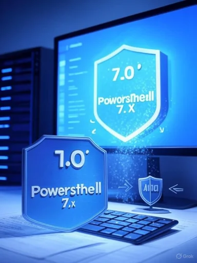Blue scene with shields labeled PowerShell 7.x and 1.0 on a keyboard.