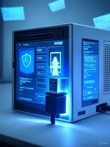 Blue-lit retro computer with neon holographic UI and a USB plug in the foreground.