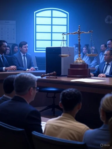 A courtroom scene featuring gilded scales of justice and a gavel on the bench, with suited attendees observing.
