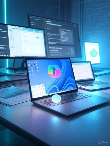 Futuristic desk setup with multiple laptops and tall monitors glowing blue.