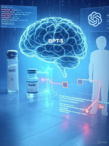 A glowing blue brain labeled 'GPT-5' hovers above lab bottles and holographic data.