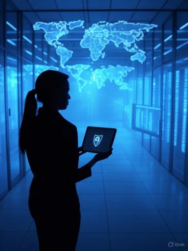 Silhouette of a security analyst in a data center, holding a tablet with a shield icon, blue holographic world map.