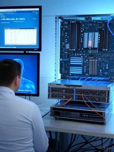 A technician examines a computer server rack with a visible motherboard and blue-screen displays.