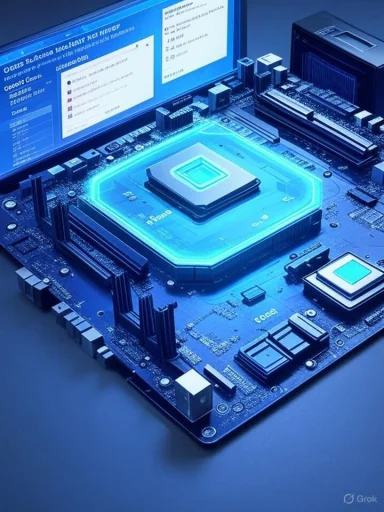 A futuristic motherboard with a glowing neon-lit central processor.