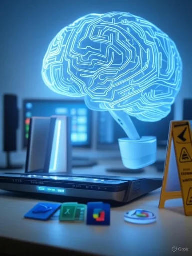 A glowing blue holographic brain hovers above a desk full of tech gadgets.