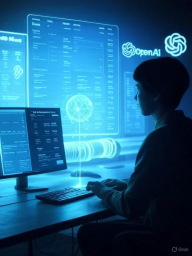 A person sits at a blue-lit workstation with OpenAI dashboards.