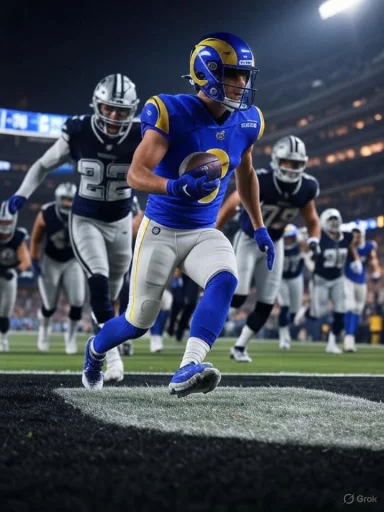 A football player in blue and yellow charges toward the end zone with the ball while defenders chase.