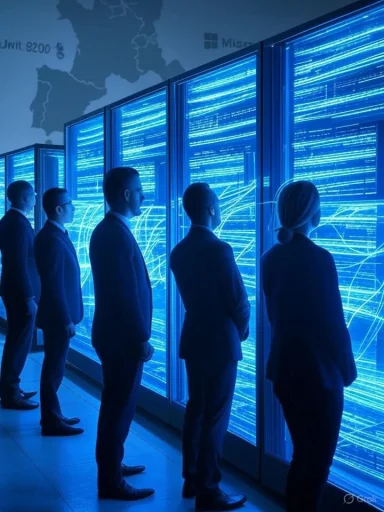Professionals in suits study glowing blue data screens in a high-tech server room. Professionals in suits study glowing blue data screens in a high-tech server room.