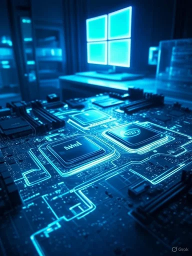 Blue-lit close-up of a computer motherboard, with a glowing Windows logo in the background.