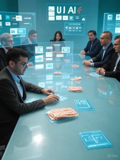 Professionals in a high-tech briefing room study holographic displays around a glass table.