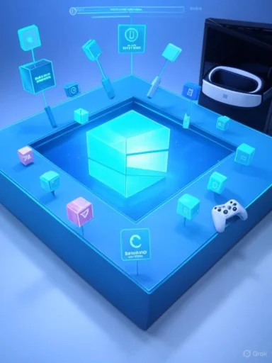 A blue holographic display shows a glowing central cube with floating blocks and a VR headset.