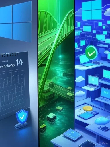 A three-panel collage: Windows 14 theme, a green bridge over water, and a blue cloud-computing office with a checkmark.