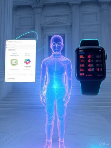 A blue holographic figure stands between a laptop and a smartwatch in a grand, classical hall.