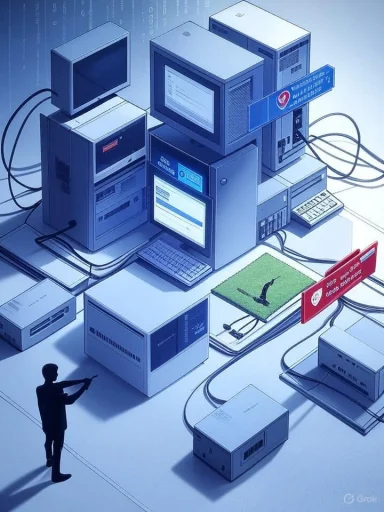 A lone figure dwarfed by a towering city built from vintage computer hardware.