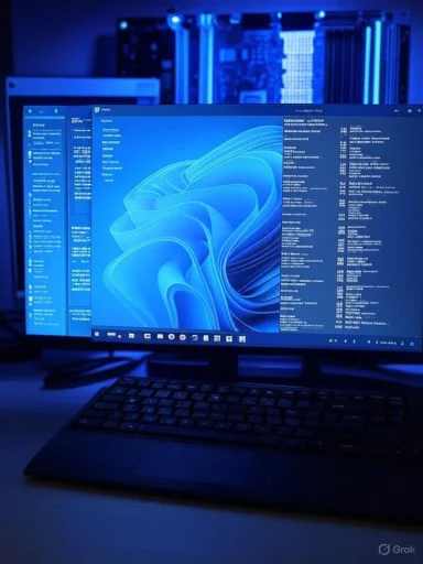Blue-lit workstation with a wide monitor showing multiple windows and a server rack in the background.