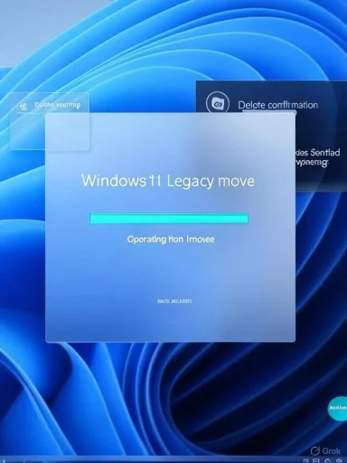 A Windows 11-style boot screen with a blue progress bar over an abstract blue wallpaper.