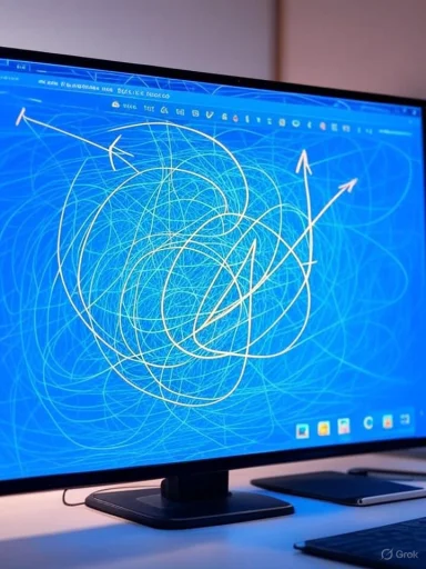 A computer monitor displays a chaotic tangle of white scribbles and arrows on blue.