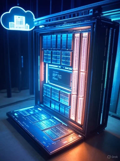 Neon-lit futuristic server tower with blue and orange panels and a cloud icon.