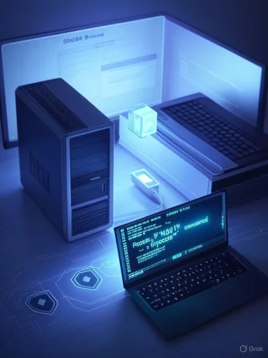 Blue-lit data lab with a laptop, server tower, and a glowing cube on a futuristic desk.