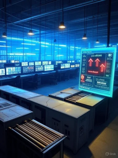 A futuristic data center with blue neon lighting, rows of servers, and a display showing red upward arrows.