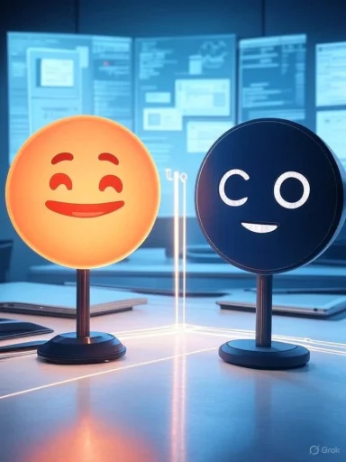 Two emoji-like signs—an orange smiling face and a blue CO face—sit on a lab bench with computer monitors in the background.