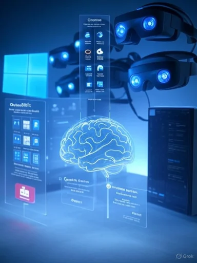 A futuristic lab featuring VR headsets and a holographic brain display.